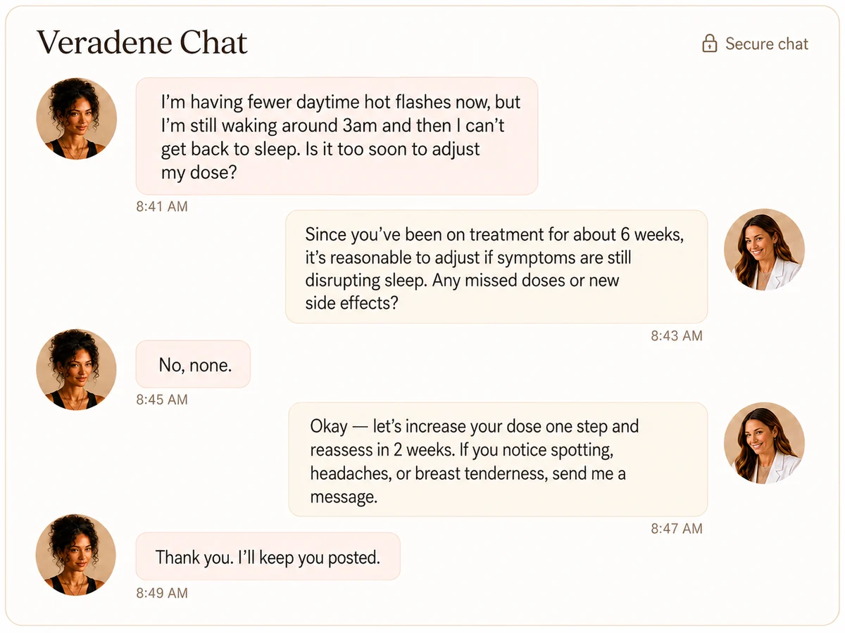 Secure in-app chat between a Veradene patient and her menopause-trained doctor adjusting a treatment dose