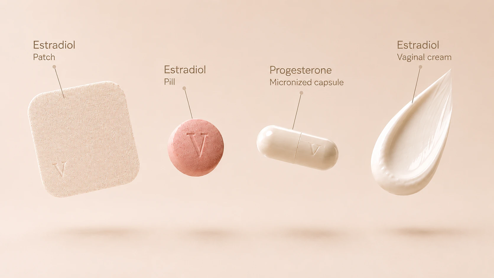 Veradene treatments: estradiol patch, estradiol pill, micronized progesterone capsule, and estradiol vaginal cream